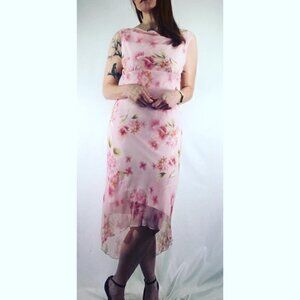 90's Vintage "B. Smart" Pink Floral Chiffon Bias Cut Midi Dress